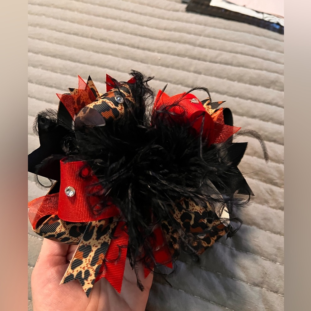 Leopard and Red with Feather Baby Hair Bow
